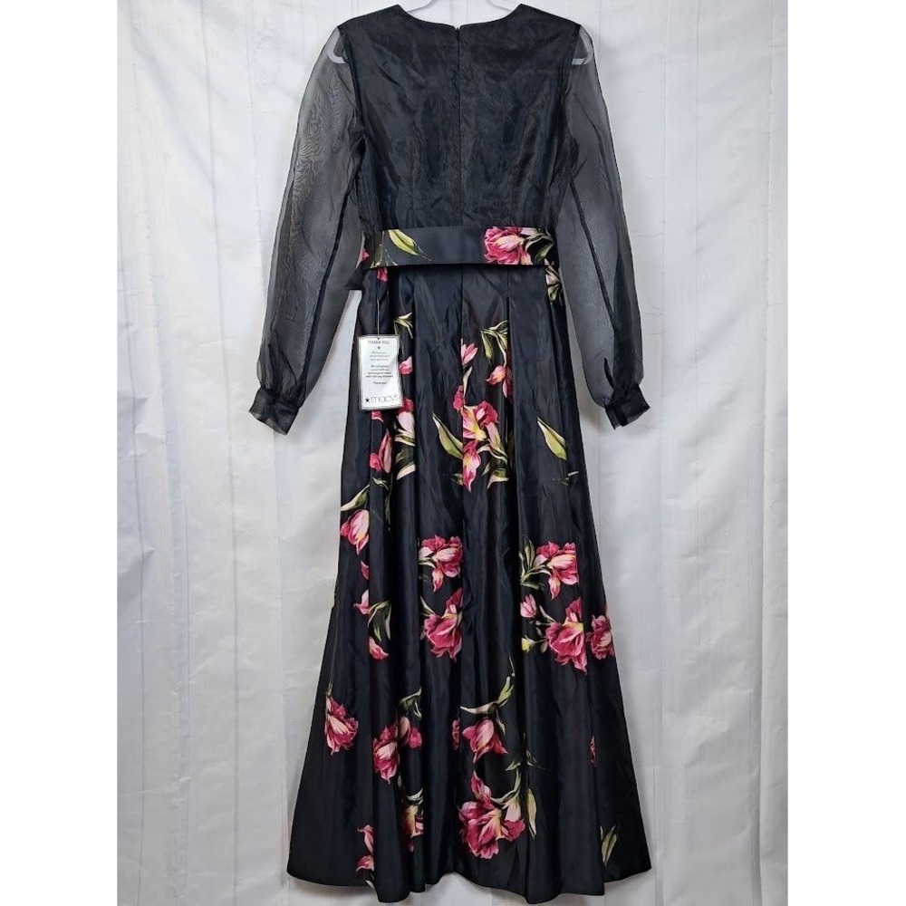 Betsy & Adam 6 Organza-Sleeve Floral on Black Belted Satin Gown Plunging V-Neck - Picture 6 of 11